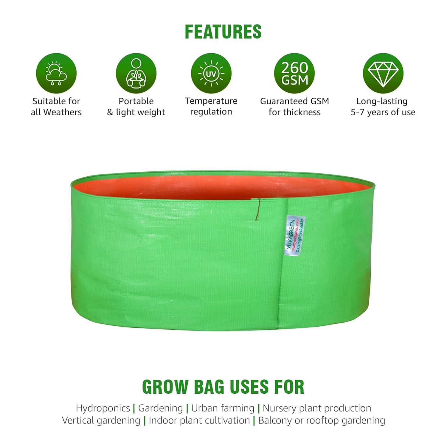 YUVAGREEN Premium Grow Bags for Terrace Gardening Spinach & Greens | Round Shaped Green Colour Grow Bag | Suitable for Terrace Gardening| Kitchen Gardening & Balcony -18x9 INCH (Pack of 4) - Image 2